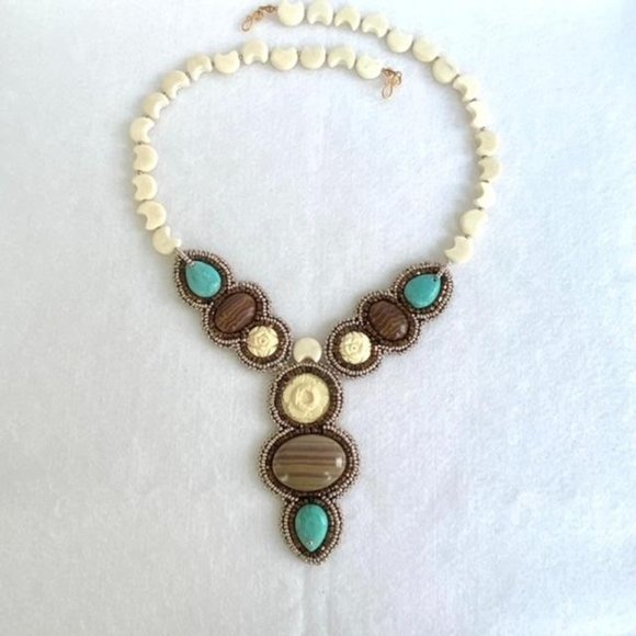 Hand Beaded Y Statement Necklace Natural Stone - Picture 4 of 13